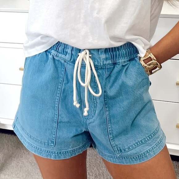 Drawstring Elastic Waist Jean Shorts - Picture 2 of 10